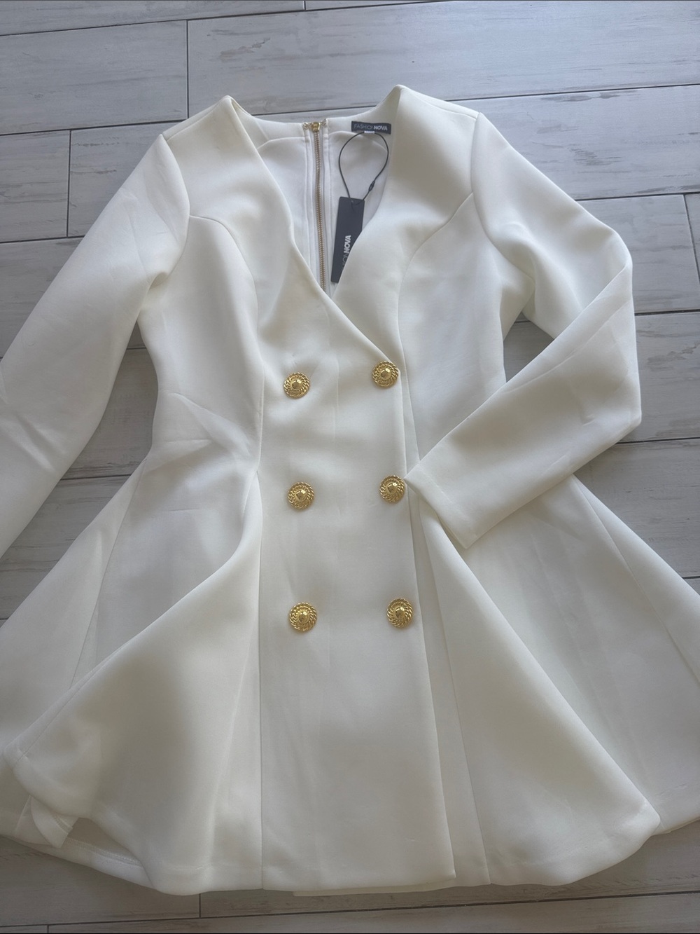 Fashion Nova Cream Double-Breasted Fit & Flare Long Sleeve Dress - Picture 2 of 3